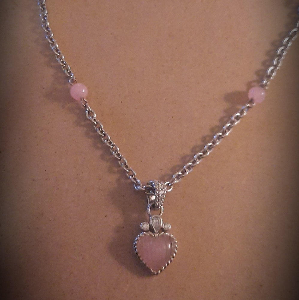 Judith Ripka Silver Necklace with pink jade beads and heart pendant.